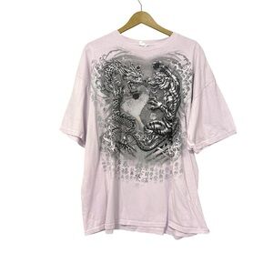 Vintage Y2K Men’s Pink Gray Dragon Tiger Chinese Graphic Print Tee Shirt Punk